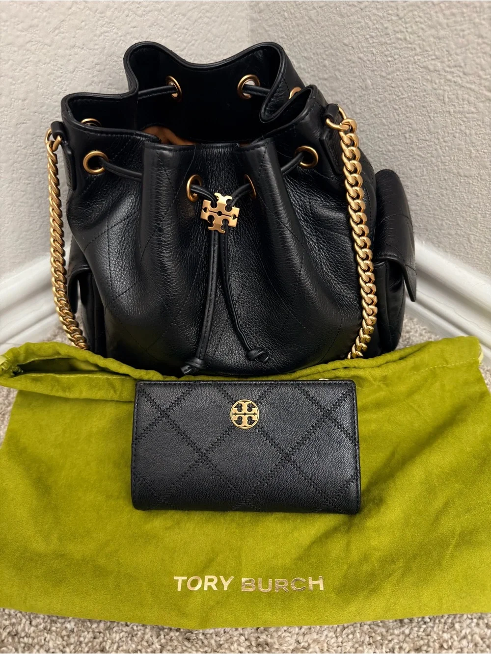 Tory Burch Charlie Quilted Leather Drawstring Shoulder Bag - Black with Wallet